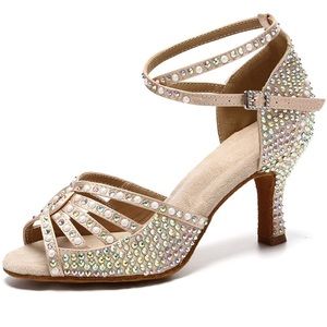 JUODVMP Dance Shoes Women Rhinestone Satin Latin Dance Heels Ballroom Salsa